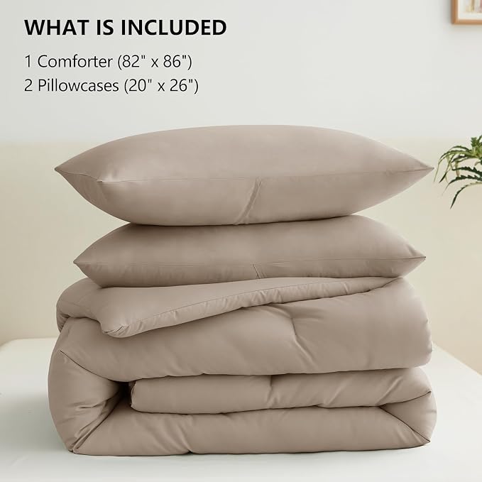 CozyLux Full Size Comforter Set Khaki, 3 Pieces Solid Breathable Quilted - Image 7