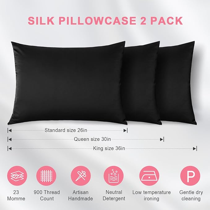 100% Silk Pillowcase 2 Pack for Hair and Skin, Both Sides 23 Momme Grade 6A+ - Image 2