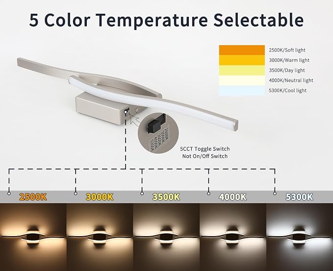Joossnwell Brushed Nickel Bathroom Vanity Lights Fixtures Over Mirror 5CCT - Image 2