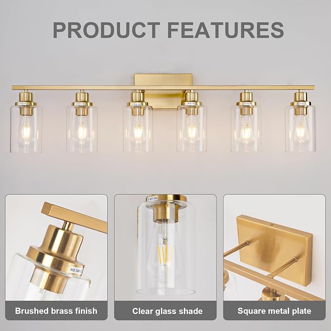 6 Light Gold Bathroom Light Fixtures Brushed Brass Vanity Light Over Mirror - Image 7