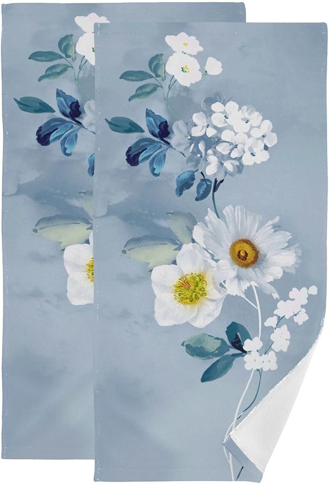 Blue White Floral Botanical Hand Towels by Unknown