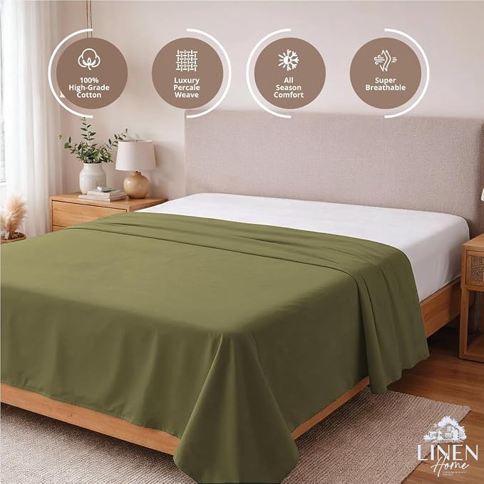 Linen Home 100% Cotton Percale 1 Flat Sheet, Twin Size - Image 2