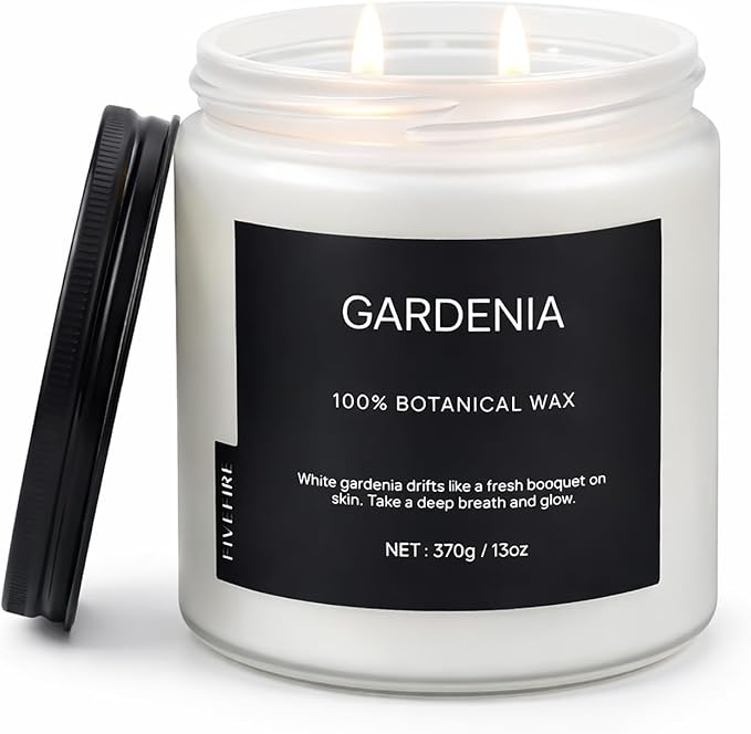 Gardenia Home Scented Candles, 13oz Organic Soy Wax, 76-Hour Clean Burning by Fivefire