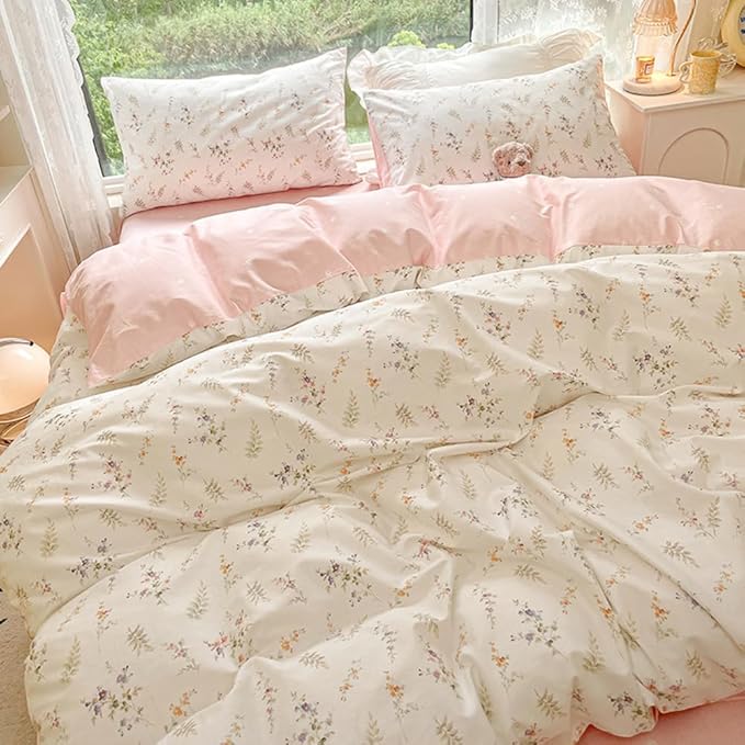 Nayoroom Floral Duvet Cover Queen Size Girls Pink White Botanical Flower - Image 5
