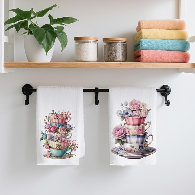 2PCS Watercolor Rose Kitchen Towels, Flower Coffee Cup Waffle Weave Dish Tea - Image 4