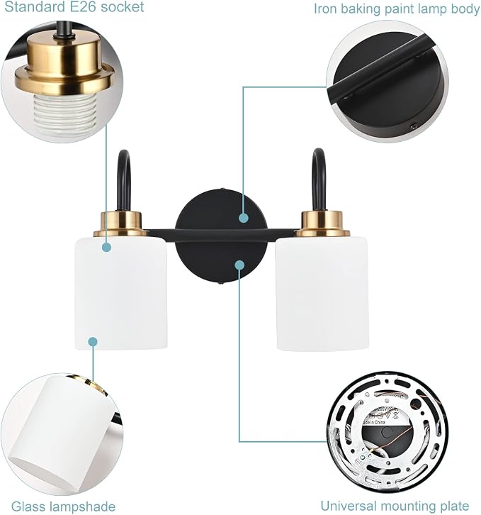 Modern Matte Black and Gold Bathroom Vanity Light Fixtures 2 Lights Milky Glass - Image 4