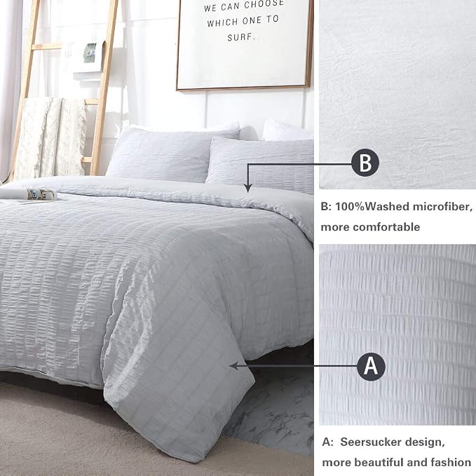 AveLom Seersucker Duvet Cover Set Queen Size, 3 Pieces, Light Gray Ultra Soft - Image 7