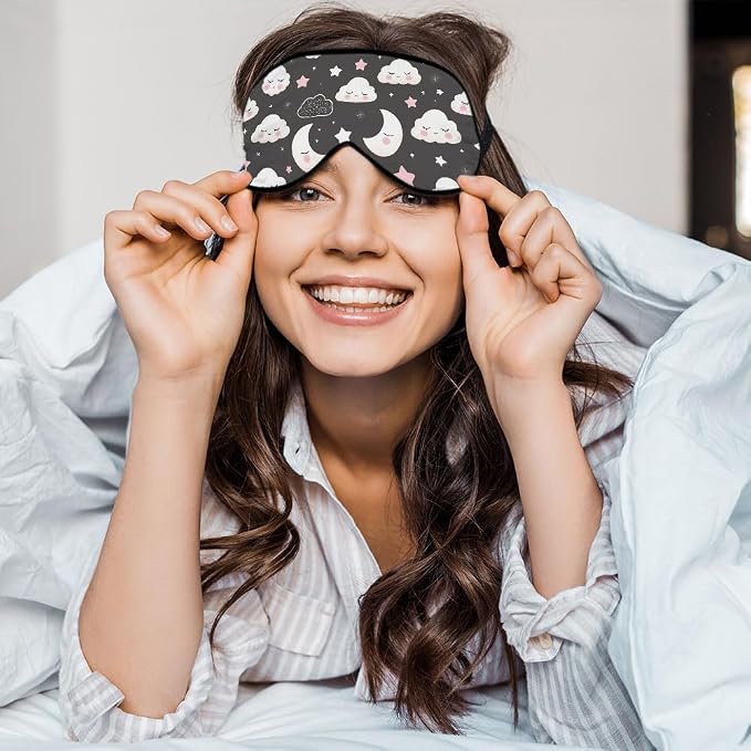 Grey Night Sleep Eye Mask Eye Cover Cute Cartoon Clouds Moons White Pink Silk - Image 5