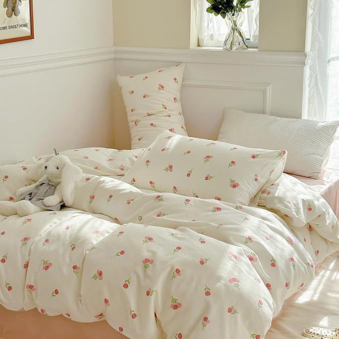 Nayoroom Pink Floral Duvet Cover Twin Size Cute Tulip Printed on White - Image 2