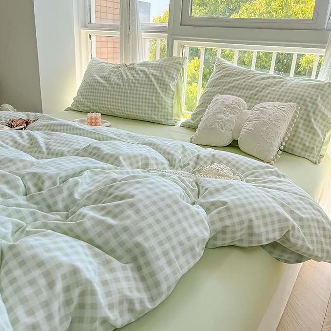 Nayoroom Green Gingham Duvet Cover Queen Size Plaid Dorm Bedding Set 3 Pieces by Nayoroom