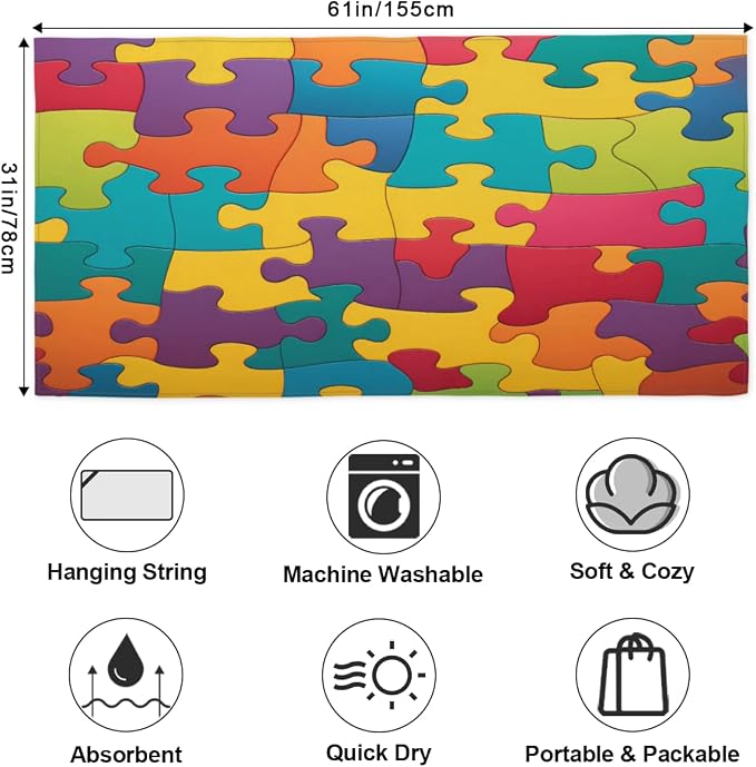 Colorful Jigsaw Puzzles Pattern Beach Towel Oversized Quick Dry Beach Blanket - Image 2