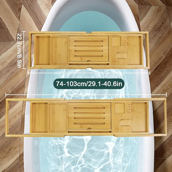 BFTOU Bamboo Bathtub Tray Expandable Bath Table Tray Bathtub Caddy - Image 3