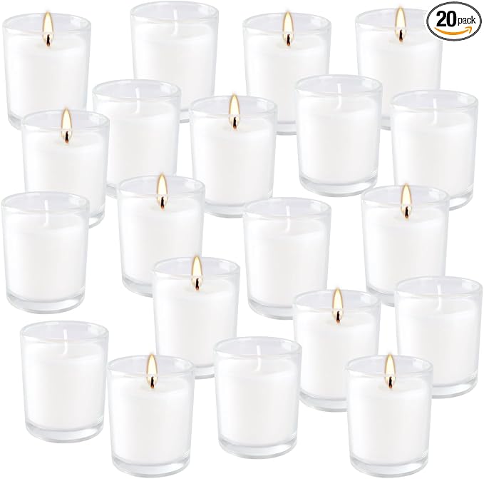 20 Pack Unscented White Clear Glass Filled Votive Candles | Soy Wax, Hand by YIH