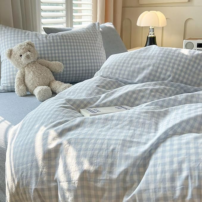 Nayoroom Gingham Duvet Cover Queen Size Blue White Plaid Checkered Comforter - Image 5