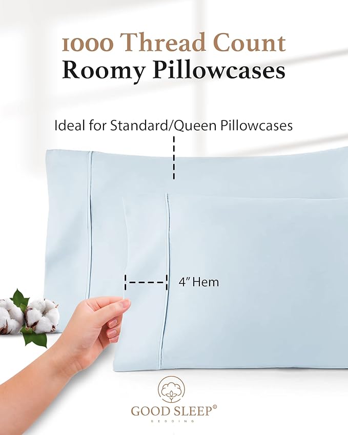 1000 TC Light Blue Standard Pillowcases Set of 2 100% Egyptian Cotton Pillow - Image 3