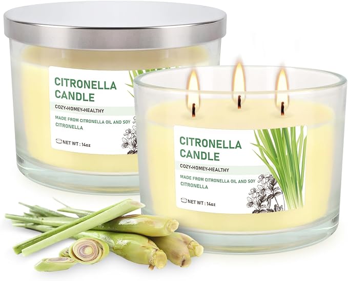 Citronella Candle Outdoor 2-Pack - 14oz Each 3-Wick Candles in Clear Glass Jars - Image 9