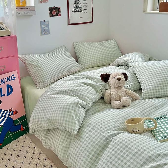 Nayoroom Green Gingham Duvet Cover Full Size Plaid Dorm Bedding Set 3 Pieces - Image 2