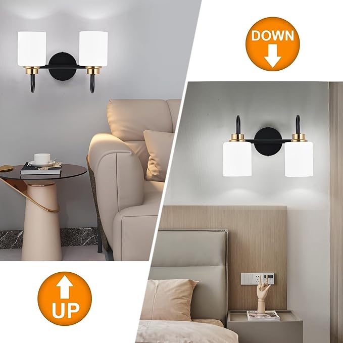 Modern Matte Black and Gold Bathroom Vanity Light Fixtures 2 Lights Milky Glass - Image 3
