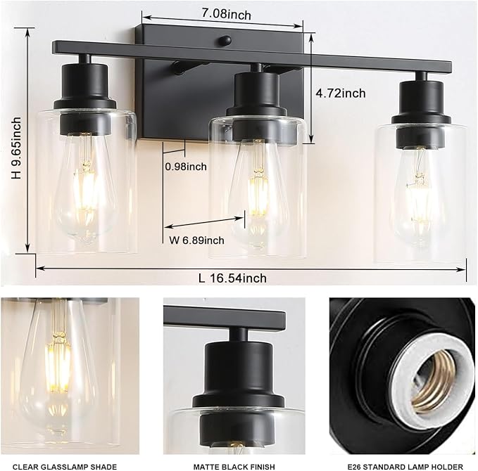 Bathroom Vanity Light Fixtures, 3-Light Matte Black Bathroom Lights, Wall - Image 2