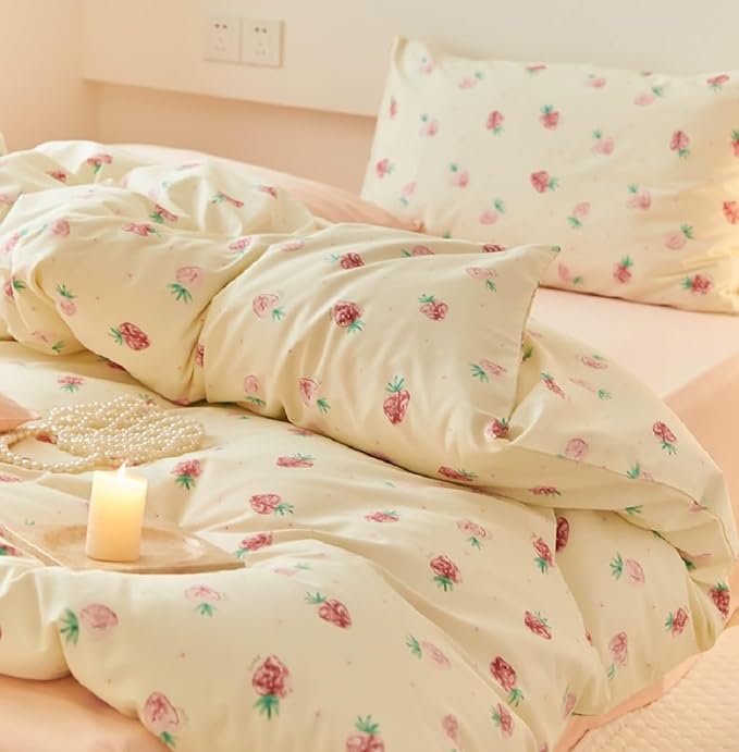 Nayoroom Strawberry Duvet Cover Set Twin Size Girls Cute Pink Strawberries - Image 2