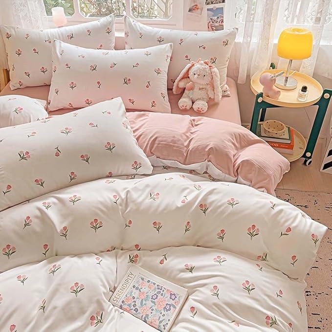 Nayoroom Pink Floral Duvet Cover Queen Size Coquette Tulip Printed on White - Image 4