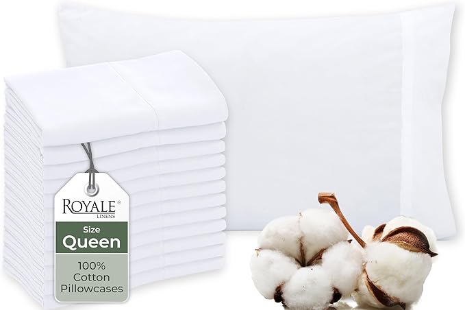 Royale Linens White Cotton Pillow Cases Queen Size Set of 12 by ROYALELINENS