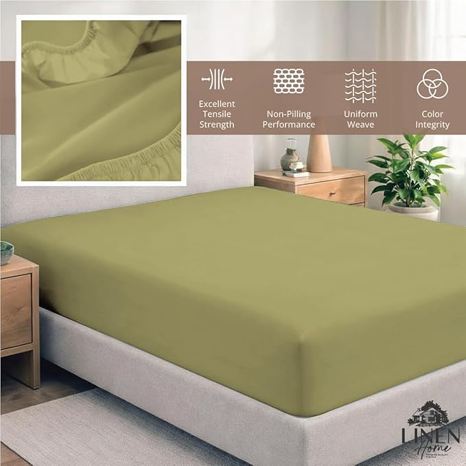 Linen Home 100% Cotton Percale Weave Fitted Sheet, Twin Size, Oil Green - Image 5