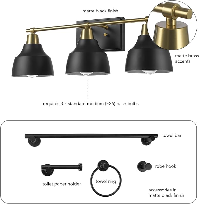 Globe Electric 63000204 5-Piece All-in-One Bathroom Accessory Set, 3-Light - Image 5
