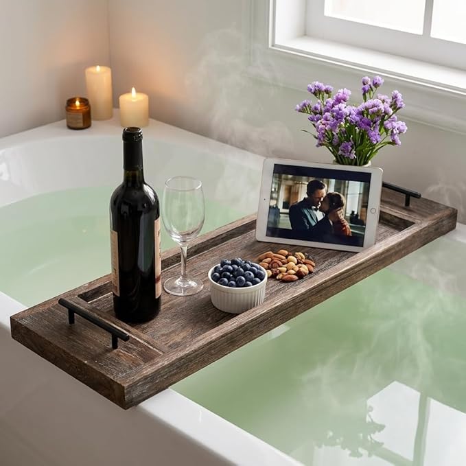 Hanobe Bathtub Tray Bath Caddy: Wood Tub Trays Table Extra Large Rustic Bathtub - Image 3