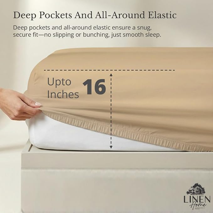 Linen Home 100% Cotton Percale Weave Fitted Sheet, Queen Size, Light Taupe - Image 2