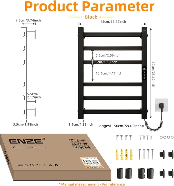 ENZE Smart Heated Towel Rack, 6-Bar Wall-Mounted Electric Towel Warmer 150W - Image 9