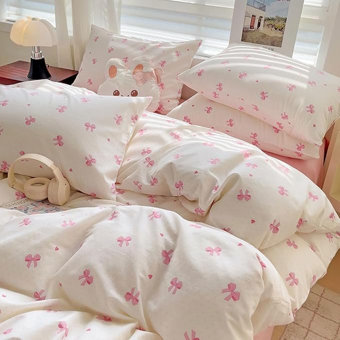 Nayoroom Pink Bow Duvet Cover Full Size Heart Bows Printed Coquette Bedding Set - Image 6