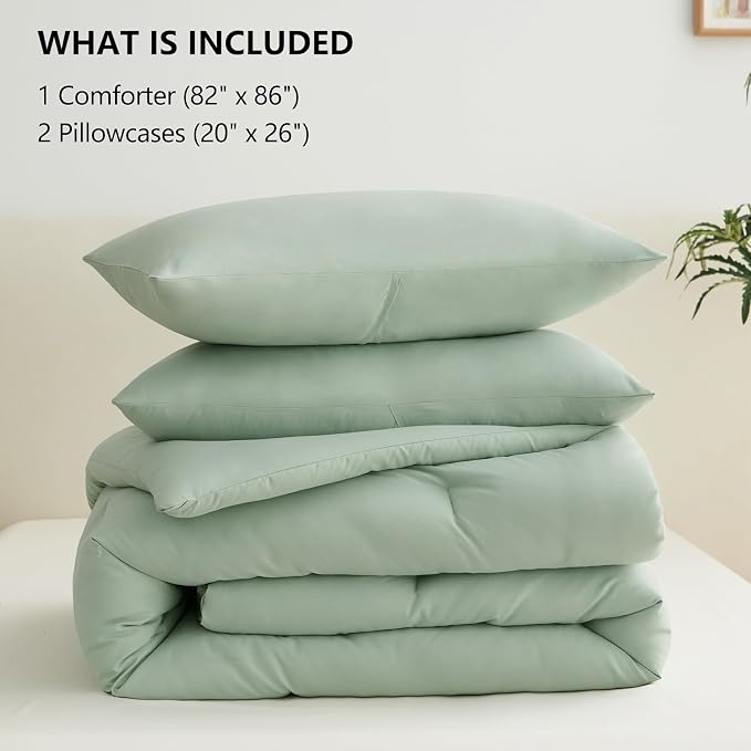 CozyLux Full Size Comforter Set Sage Green, 3 Pieces Solid Breathable Quilted - Image 6