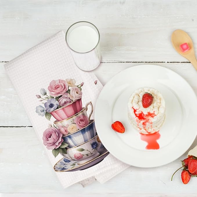 2PCS Watercolor Rose Kitchen Towels, Flower Coffee Cup Waffle Weave Dish Tea - Image 6