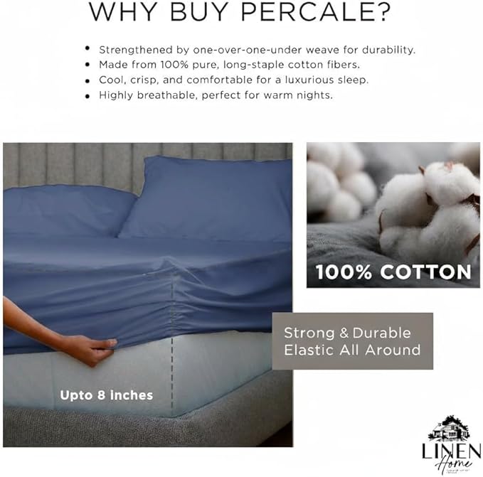 Linen Home 100% Cotton Percale Sheet Set, Queen Size, Baby Blue, Deep Pocket - Image 4
