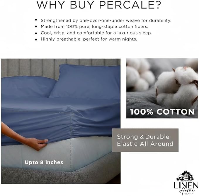 Linen Home 100% Cotton Percale Sheet Set, Full Size, Baby Blue, Deep Pocket - Image 4