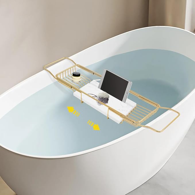 Stainless Steel Bathtub Tray, Expandable Marble Bath Tray - Image 2