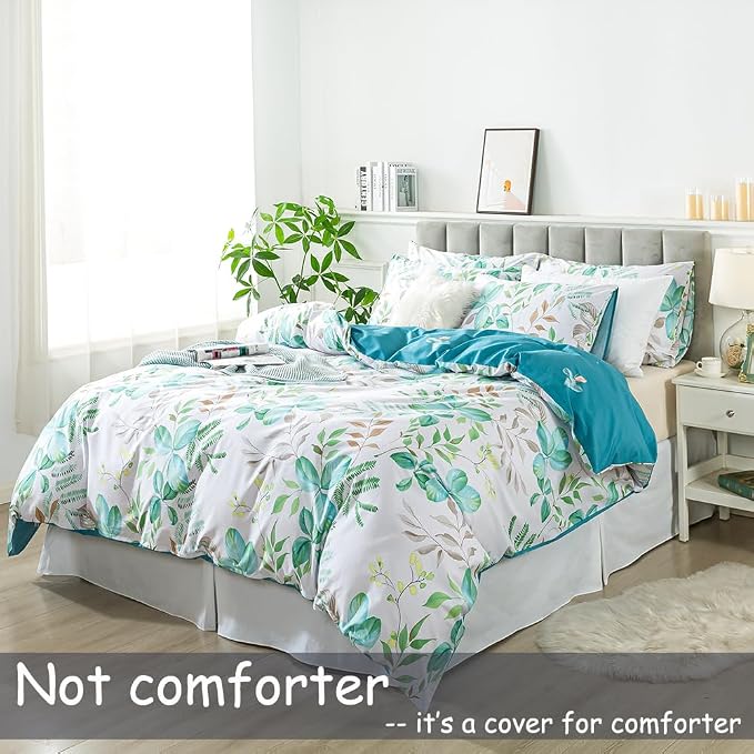 FADFAY Botanical Duvet Cover Sets Queen Size 100% Cotton Teal Green Leaves - Image 2