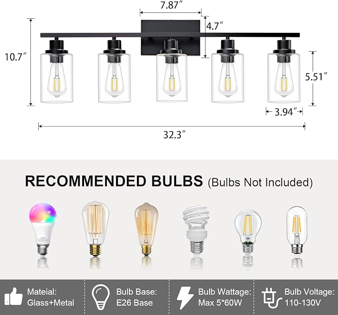 5 Light Bathroom Light Fixtures Black Vanity Light Over Mirror Modern Farmhouse - Image 3