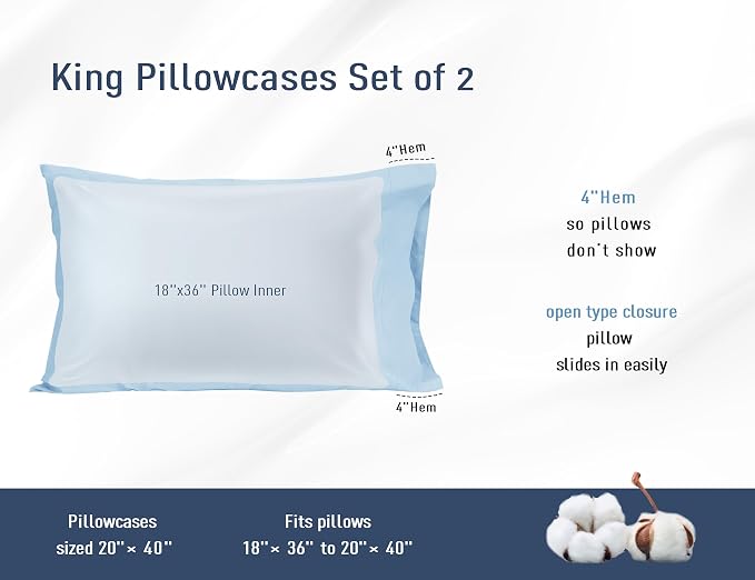 Pillow Cases, King Size Cotton Percale Weave Pillowcases, Pre-Shrunk Breathable - Image 3