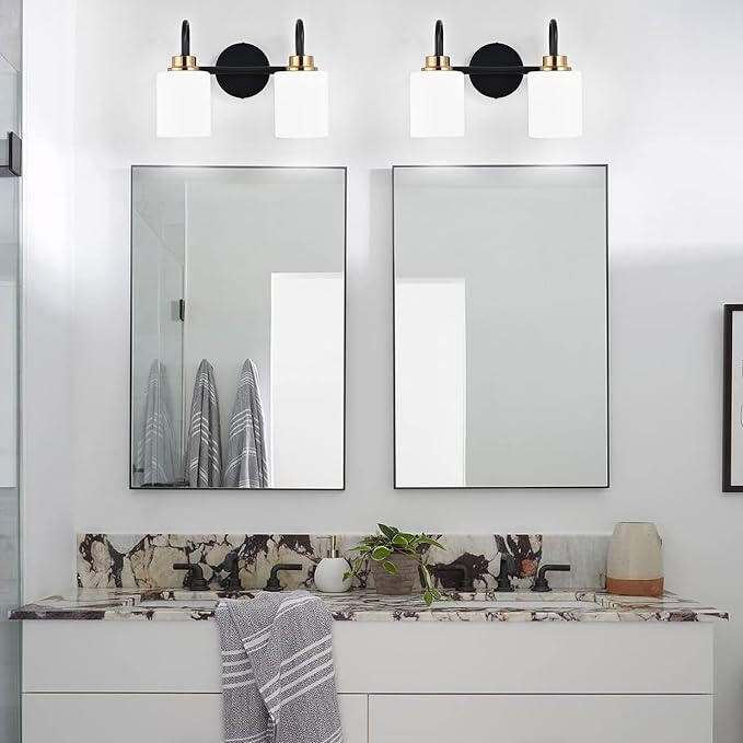 Modern Matte Black and Gold Bathroom Vanity Light Fixtures 2 Lights Milky Glass - Image 2
