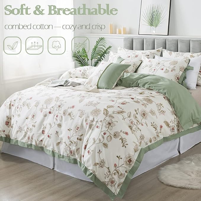FADFAY Floral Bedding Set Twin 100% Cotton Shabby and Chic Beige Green - Image 7