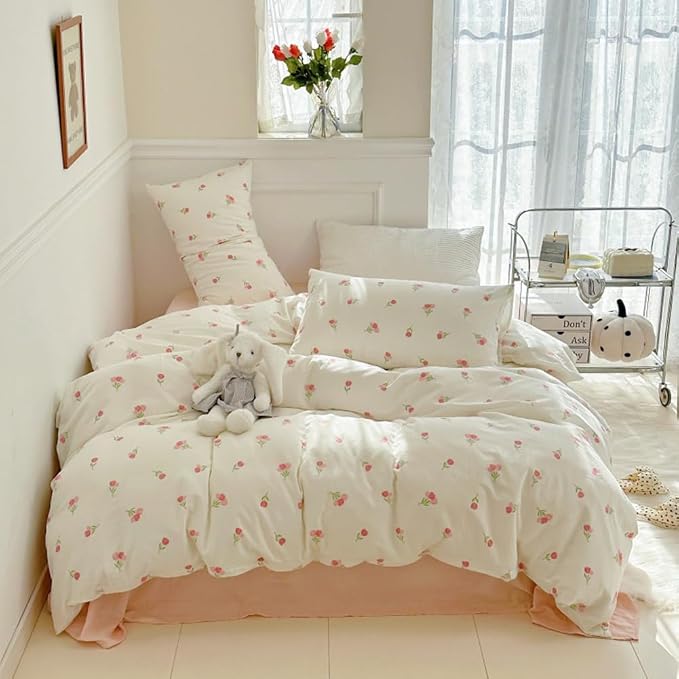 Nayoroom Pink Floral Duvet Cover Queen Size Cute Tulip Printed on White - Image 7