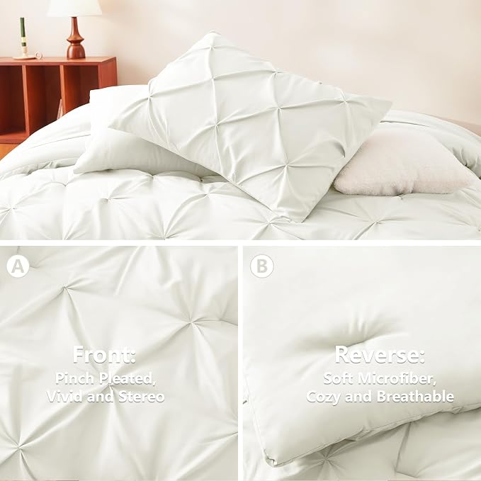 CozyLux Full Size Comforter Sets Ivory, 7 Pieces Pintuck Bed in A Bag Ivory - Image 3