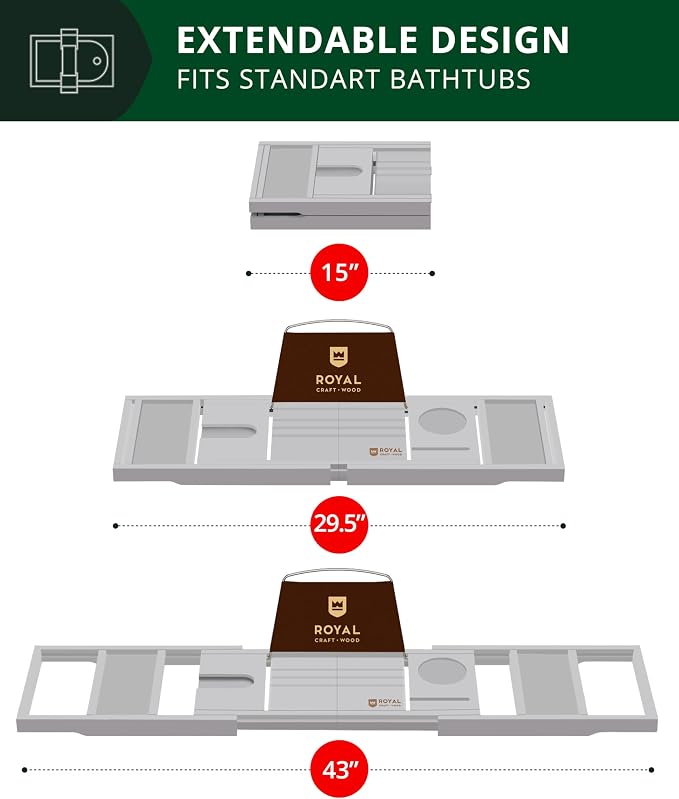 ROYAL CRAFT WOOD Premium Foldable Bathtub Tray Caddy - Image 3