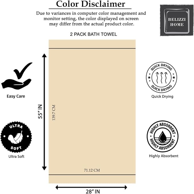 Belizzi Home Ultra Soft 2 Pack Oversized Bath Towel Set 28x55 inche, 100% - Image 7