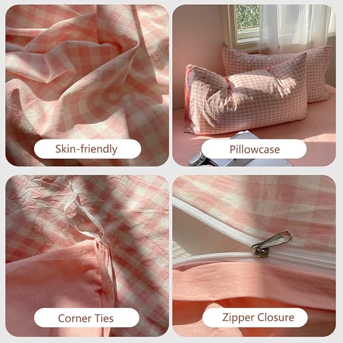 Nayoroom Pink Gingham Duvet Cover King Size Reversible Plaid Checkered Duvet - Image 6