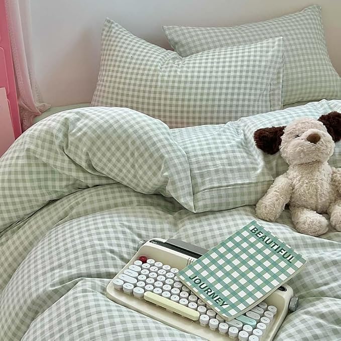 Nayoroom Green Gingham Duvet Cover Full Size Plaid Dorm Bedding Set 3 Pieces - Image 6