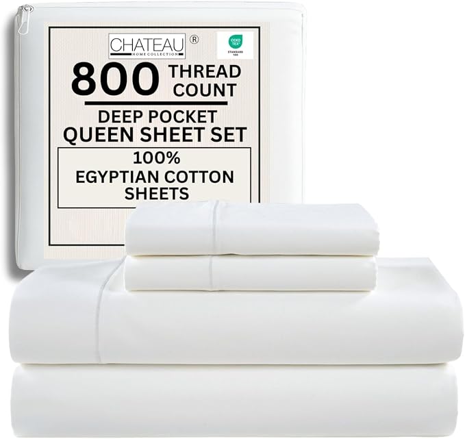 800 Thread Count Queen Sheet Set, 100% Egyptian Cotton Sheets Queen Size Bed Set by CHATEAUHOMECOLLECTION