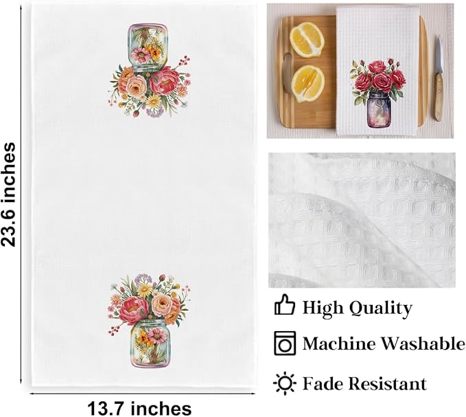 2PCS Watercolor Rose Kitchen Towels, Flower Vase Glass Waffle Weave Dish Tea - Image 2